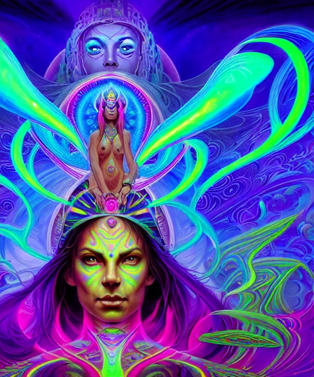 Image similar to epic scale cinematic full centered view chromaticity dmt goddess alex grey character concept of a beautiful colorful crystals powder liquids, glowing fluorescent velvet neon blacklight hues and saturation, sacred dmt color goddess visionary fantasy art by greg rutkowski android jones artgerm alphonse max chroma rule of thirds golden ratio sacred geometry ai generated art centered symmetrical threefold symmetry