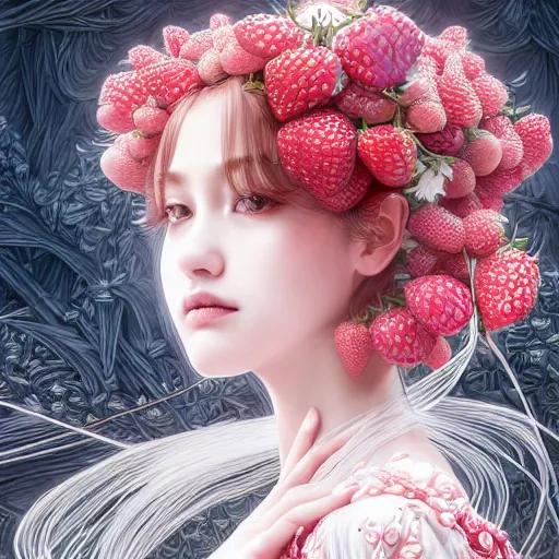 Image similar to the portrait of an absurdly beautiful, graceful, elegant, sophisticated, fashionable young gravure idol made of strawberries and white petals, an ultrafine hyperdetailed illustration by kim jung gi, irakli nadar, intricate linework, bright colors, octopath traveler, final fantasy, unreal engine 5 highly rendered, global illumination, radiant light, detailed and intricate environment