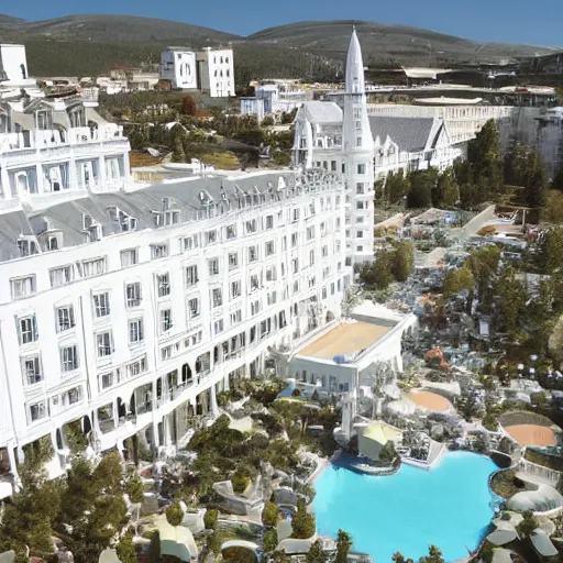 Image similar to a white grand hotel, with a hundred of windows, and a fountain at the yard of the hotel, satellite view photo