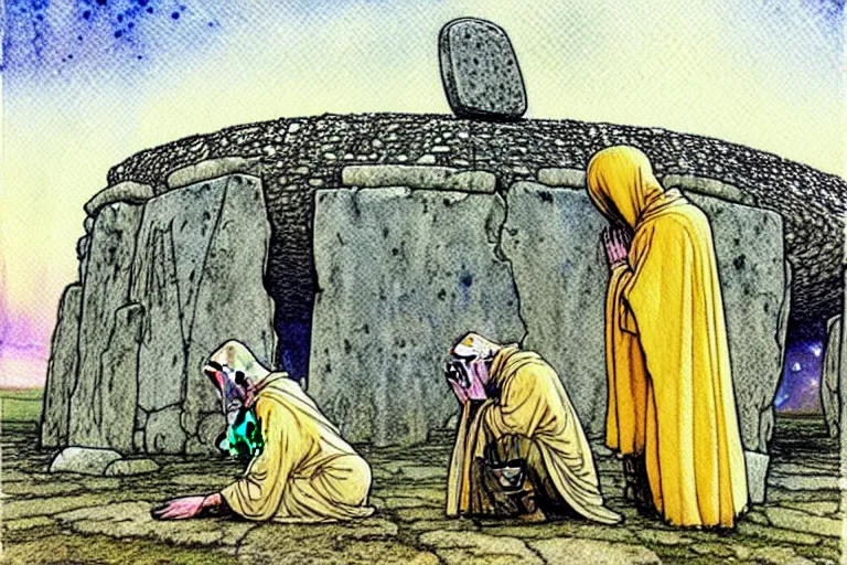 Image similar to a realistic and atmospheric watercolour fantasy concept art of a golden ufo landing on top of stonehenge. a giant medieval monk in grey robes on his knees praying. muted colors. by rebecca guay, michael kaluta, charles vess and jean moebius giraud