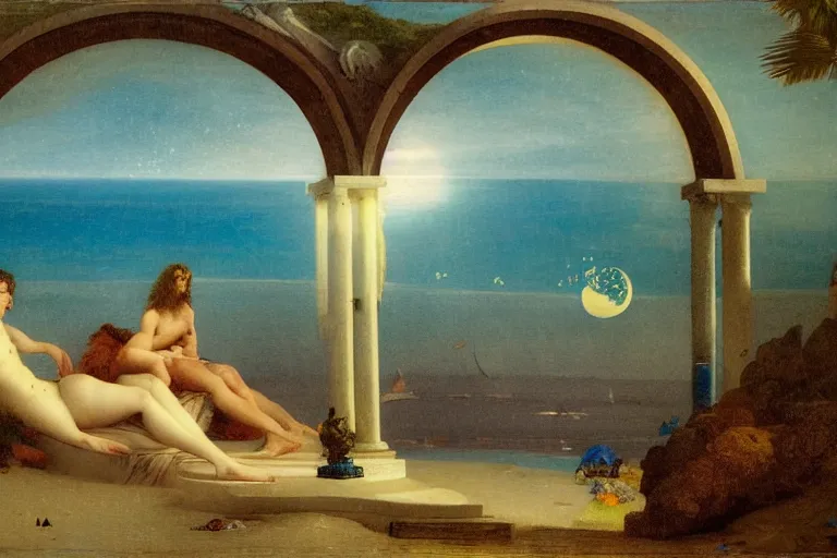 Image similar to The beach arch, refracted moon on the ocean, thunderstorm, greek pool, beach and Tropical vegetation on the background major arcana sky and occult symbols, by paul delaroche, hyperrealistic 4k uhd, award-winning, very detailed paradise