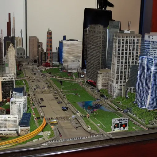 Image similar to godzilla in a miniature city model of chicago