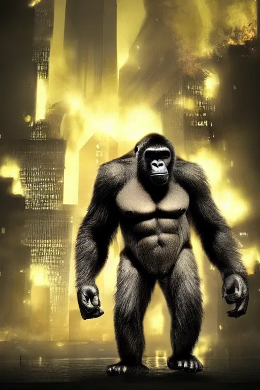 Image similar to concept art of huge gorilla be gorilla on burning tokyo city, cinematic composition, perfect lighting, art station trending