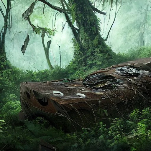 Image similar to a flying vessel wreckage lying down in a thick forest, vines growing on top, 8 k, hyper realism, artstations, concept art, cinematic