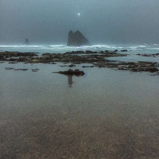 Image similar to a grainy photo of a mysterious cnidarian in the tide pools at a foggy beach