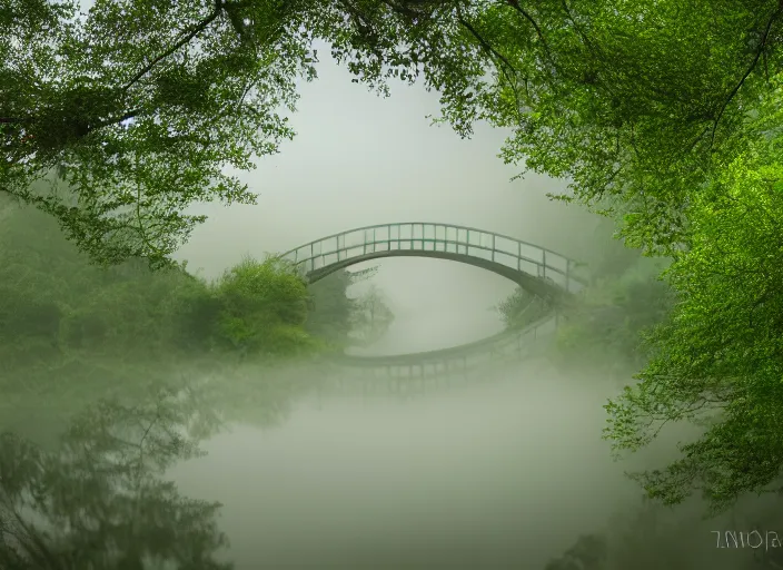 Prompt: a photograph of an emerald bridge over a wine river. Detailed. mythical. magical. mist. foggy. 4k. 800 iso.