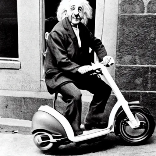 Image similar to Albert Einstein rides an electric scooter with his tongue out