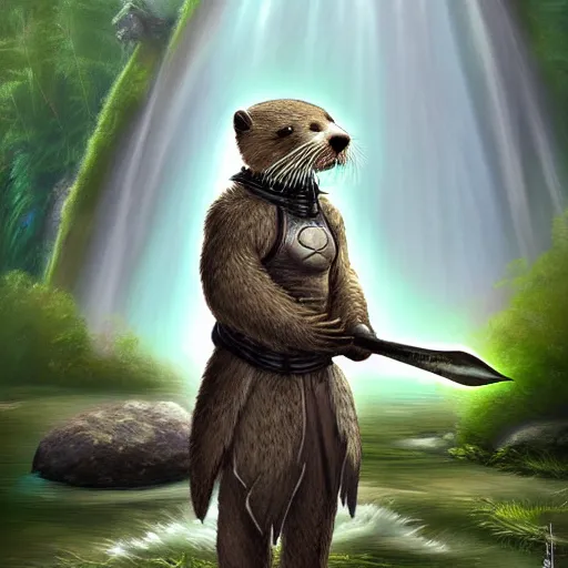 Image similar to furry otter warrior, fantasy art, lightweight armour, near the river, waterfall, digital art, high quality