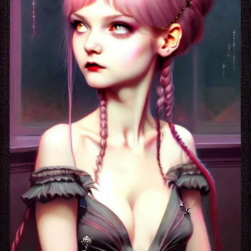 Image similar to beautiful goth princess, very cute features, brilliant glittering hair, universal volumetric lighting, soft glow, russian slasher film painting by range murata, norman rockwell, artgem, wes anderson, highly detailed intricately sharp focus, trending on pinterest, unreal engine 5 4 k uhd image