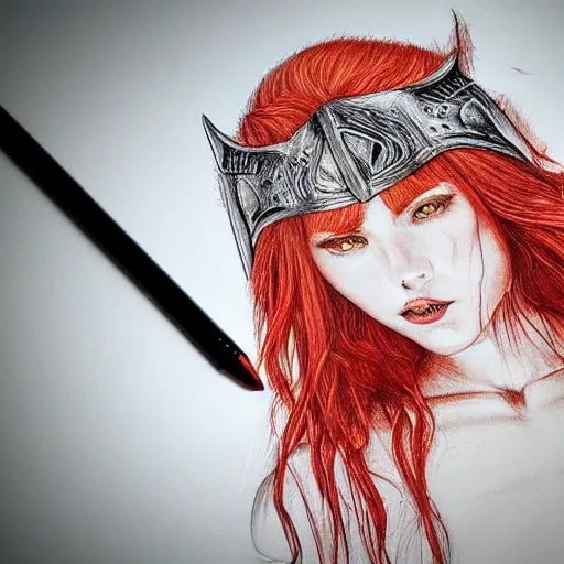 Image similar to of valhalla viking headgear with flaming red hair, fine detail, texture, extreme detailed drawing, trending on artstation, hyperreal