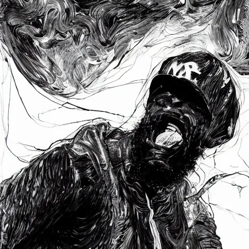 Prompt: a beautiful professional portrait of mc ride rapping and yelling, painted by tsutomu nihei