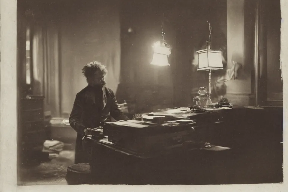 Image similar to wet plate photograph, august strindberg angry shouting and banging his fist on a secretary desk in a small messy viennese apartment, night time, alone, lamplight, victorian era, depth of field, very detailed, highly accurate, intricate