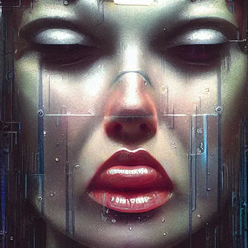 Image similar to detailed face of a woman, moment, cyberpunk cloisters, electronic billboards, tech noir, wet reflections, prism, atmospheric, ambient, pj crook, syd mead, livia prima, greg rutkowski, edward hopper