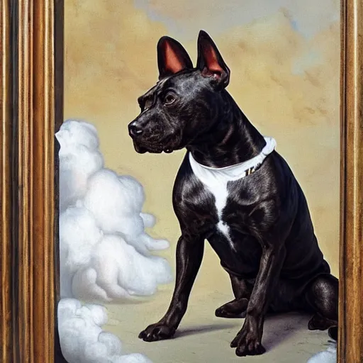 Prompt: black pitbull meets a brown and white Jack russell terrier at the gates of heaven, oil paining, detailed