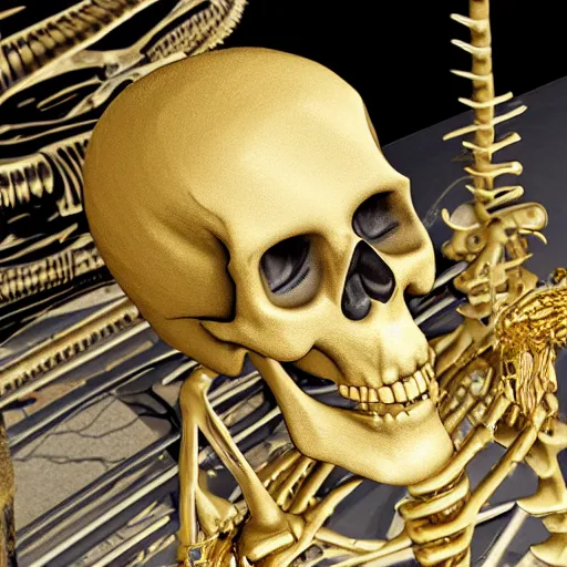 Prompt: A Skeleton made of gold,