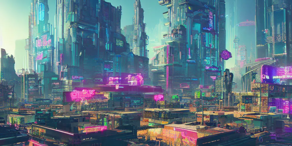 Image similar to DMT city, cyberpunk 2077 style concept art