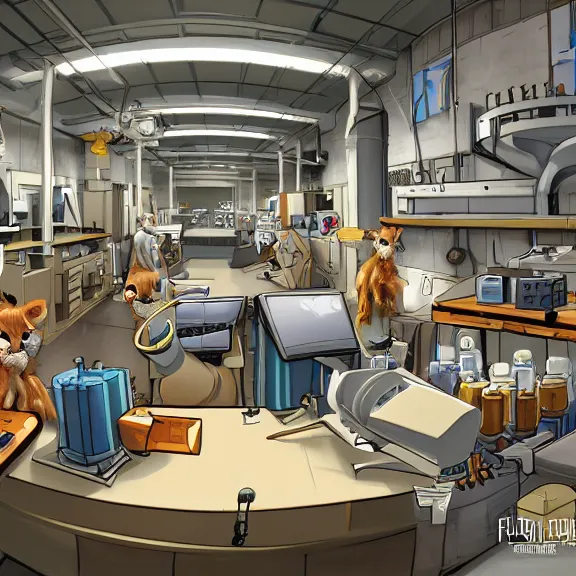 Prompt: highly detailed weapons laboratory, clean and organized, quantum technology, with anthropomorphic furry researchers, tables, parts, windows, sci fi, Extremely detailed digital art, furry art, furaffinity, DeviantArt, HD artstation