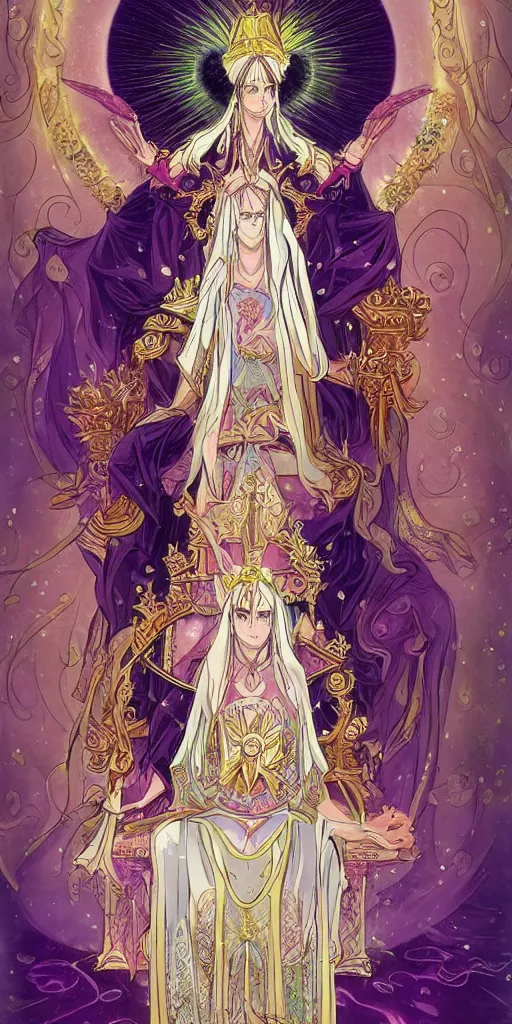 Image similar to a mystical woman priestess sitting on a throne, the divine feminine, drawn by studio UFOTABLE, fine line work, pastel colors