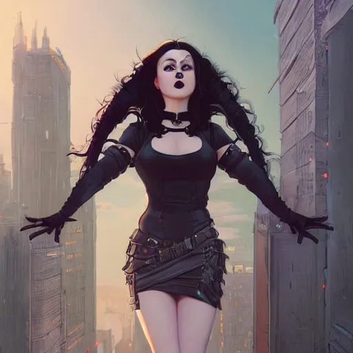 Image similar to a giantess attractive goth girl standing over a modern city, cute, intricate, highly detailed, digital painting, artstation, concept art, smooth, sharp focus, illustration, unreal engine 5, 8 k, art by artgerm and greg rutkowski and alphonse mucha