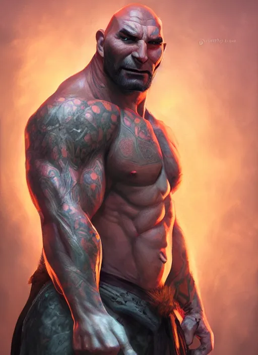 Prompt: A fantasy comic book style portrait painting of Dave Bautista as a half-orc, unreal 5, DAZ, hyperrealistic, octane render, RPG portrait, dynamic lighting