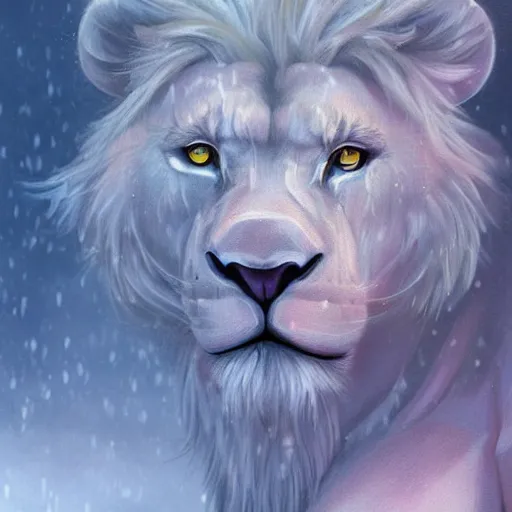 Prompt: aesthetic half body portrait commission of a albino male furry anthro lion wearing gym clothing at an athletic track during a storm, detailed face , hyperdetailed, snowy winter atmosphere. Character design by charlie bowater, ross tran, artgerm, and makoto shinkai, detailed, inked, western comic book art, 2021 award winning painting