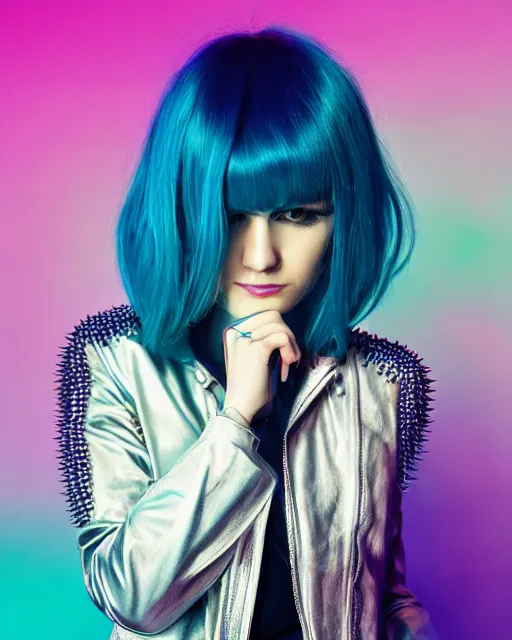 Prompt: Beautiful young woman with glowing teal hair, bob haircut, bangs, Spiked blue leather jacket, cyberpunk city background, in the style of Anna Dittman, fashion photography