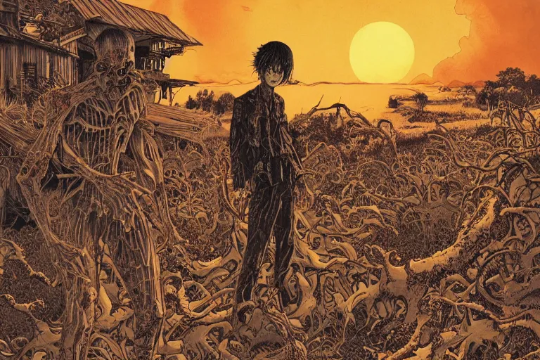 Image similar to disturbing horror zombie manga cover illustration by junji ito and joe fenton and syd mead and p. craig russell and barry windsor - smith, artstation, 4 k, graphic novel, concept art, matte painting, beautiful american rustic western landscape sunset background, golden hour, art nouveau