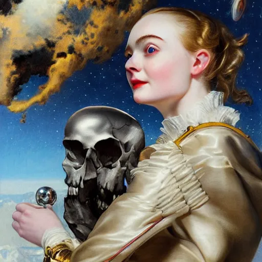 Image similar to Elle Fanning holding a skull in space, artstation, by J. C. Leyendecker and Peter Paul Rubens, Extremely detailed. 4K. Award winning.