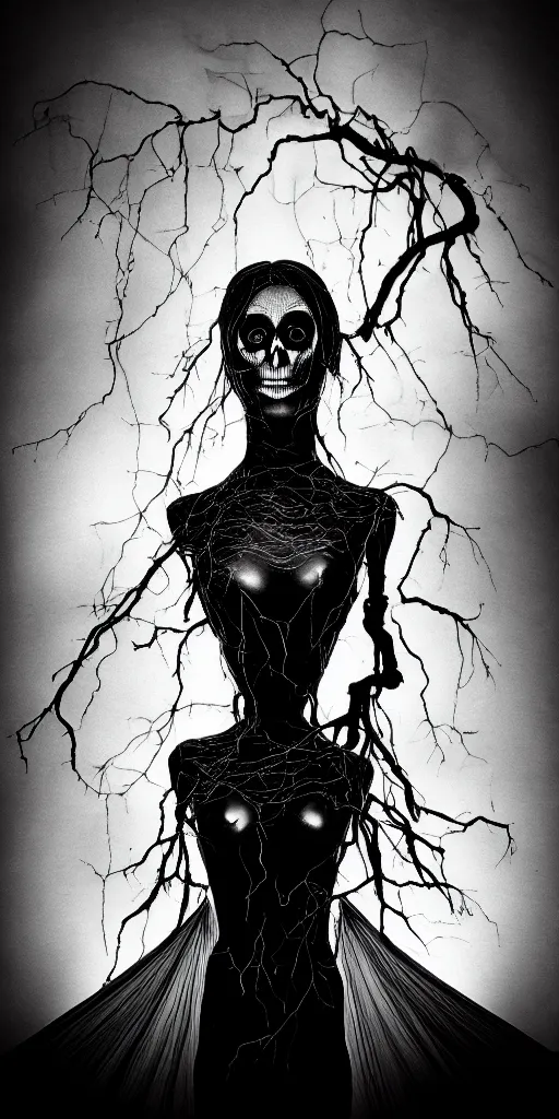 Prompt: single portrait, a sorceress, luminous veins, ravens stormy sky of foreboding, occult, robotic bust, skeletal omens, volumetric light, vespertine, honeysuckle, rim light, by chris mars, and diane arbus, gothic, gothique, 8 k