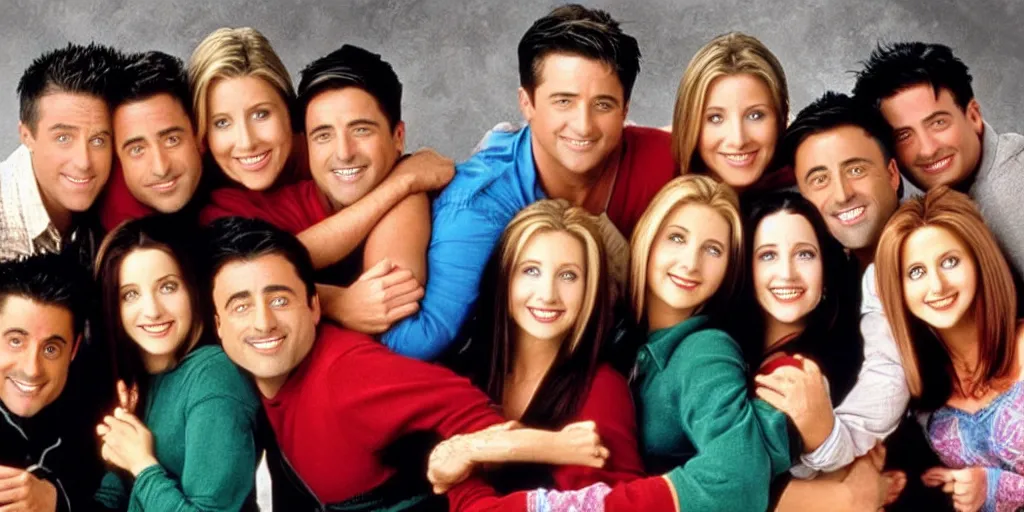 Image similar to the cast of friends but everyone is joey tribianni