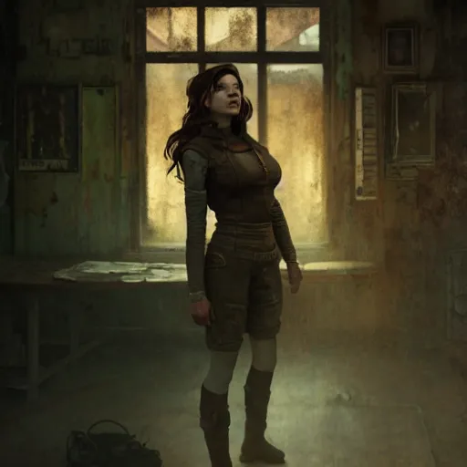 Prompt: fallout 5, charismatic beautiful rugged brunette female protagonist, portrait, indoors dilapidated store interior, atmospheric lighting, painted, intricate, volumetric lighting, beautiful, daytime, overcast weather, sharp focus, deep colours, ultra detailed, by leesha hannigan, ross tran, thierry doizon, kai carpenter, ignacio fernandez rios