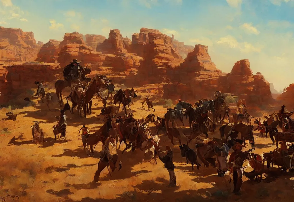 Prompt: greg manchess painting of wild west scenery in the year 1 8 5 0, painting, trending on artstation, by huang guangjian and gil elvgren and sachin teng