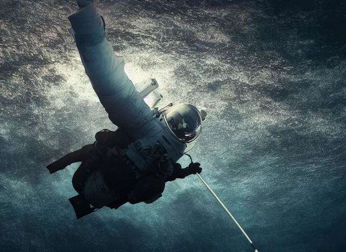 Image similar to dramatic photo of an astronaut underwater putting a flag on the bottom of the ocean. in the background, a submarine is visible. dark, concept art, cinematic, dramatic, blender, photorealistic, octane render, 8 k, volumetric lighting, dim lighting, trending on artstation