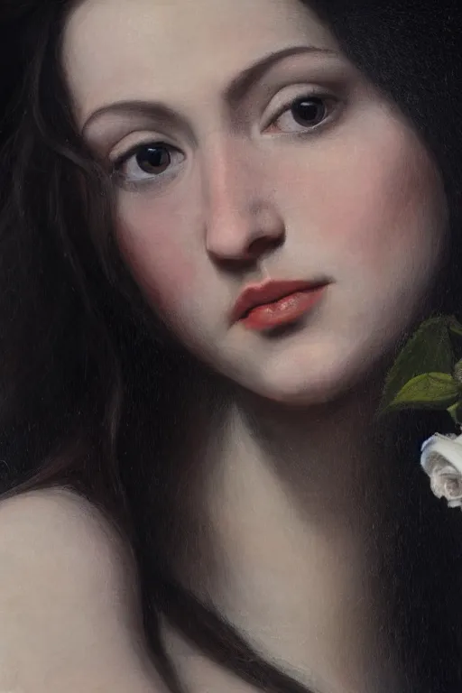 Prompt: hyperrealism extreme close-up portrait of young woman with black roses in the long hair, wearing dark blue silk, in style of classicism