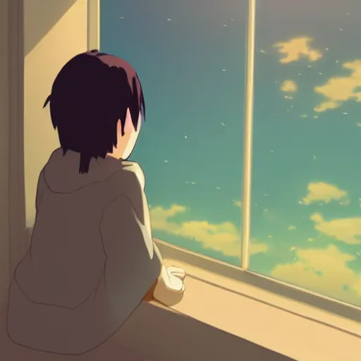 Prompt: A lonely child cries because it has no friends, Makoto Shinkai style, interior, sunset out the window