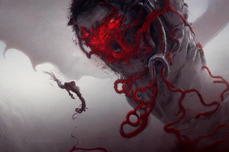 Image similar to painting by greg rutkowski of a flying human head and face that is chalk white in color, with tentacles coming of the neck, red eyes, flying in a terrying hell like cavernous place