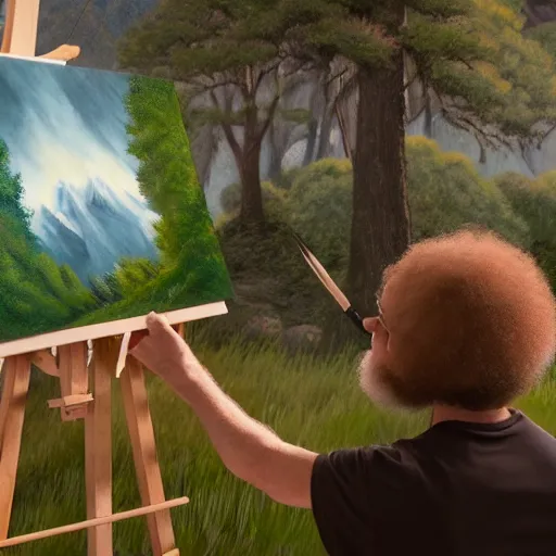 Prompt: a closeup photorealistic photograph of bob ross working on a canvas painting of natalie dormer. film still. brightly lit scene. mountains and trees. this 4 k hd image is trending on artstation, featured on behance, well - rendered, extra crisp, features intricate detail, epic composition and the style of unreal engine.