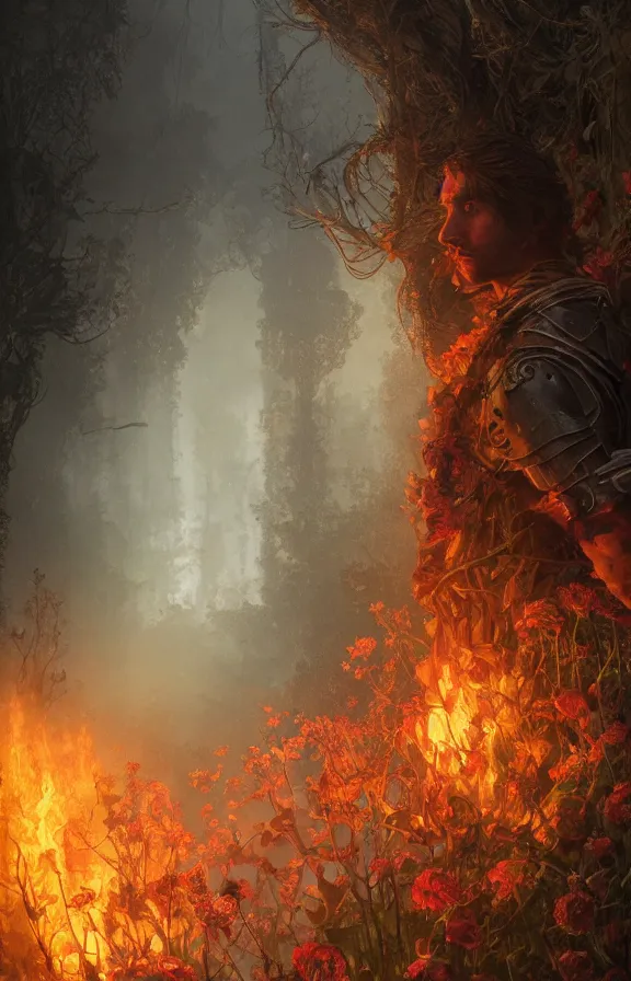 Image similar to portrait of a knight among flowers in dark forest, surrounded by fire and smoke, moody, rim light, dynamic lighting, cinematic shot, gritty, ultra - detail, renderman, physically based render, jean delville, gustave dore and marco mazzoni