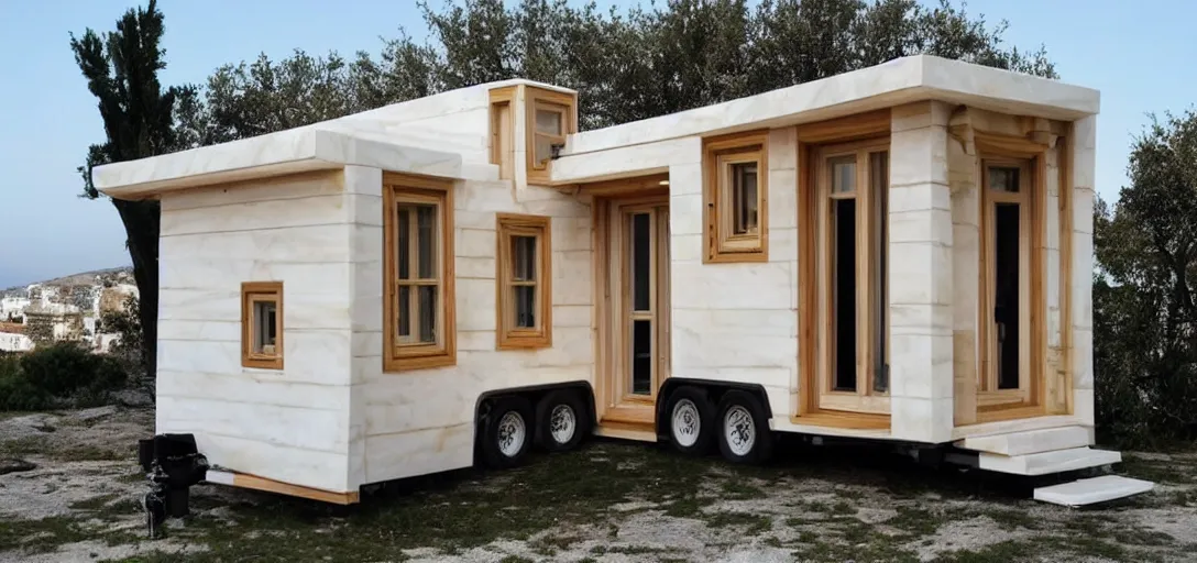 Prompt: greek tiny house on trailer that looks like the parthenon made of marble designed by iktinos and callicrates.