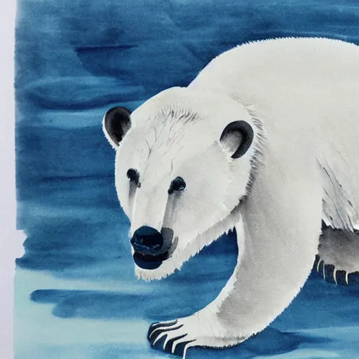 Image similar to a ink painting of a white polar bear by wu daozi, qiu ying,