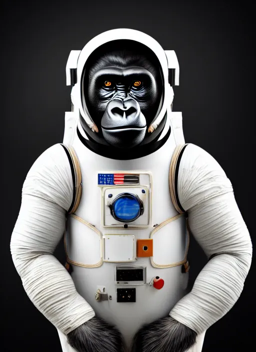 Image similar to studio photo still of a full body gorilla in a space suit, 8 k, studio lighting, key light from right side,