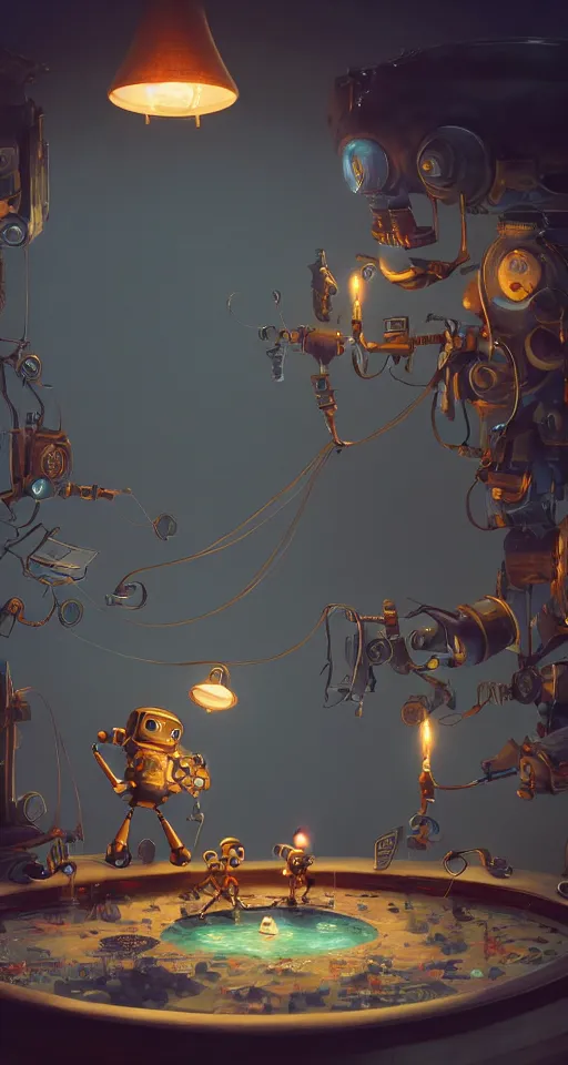 Image similar to a beautiful tapestry of a dream, a small robot playing a game, ultra detailed, reflective pool, atmospheric, steampunk, moody, candles, characters from machinarium, by don bluth, trending on artstation, octane render, 8 k, ultra realistic