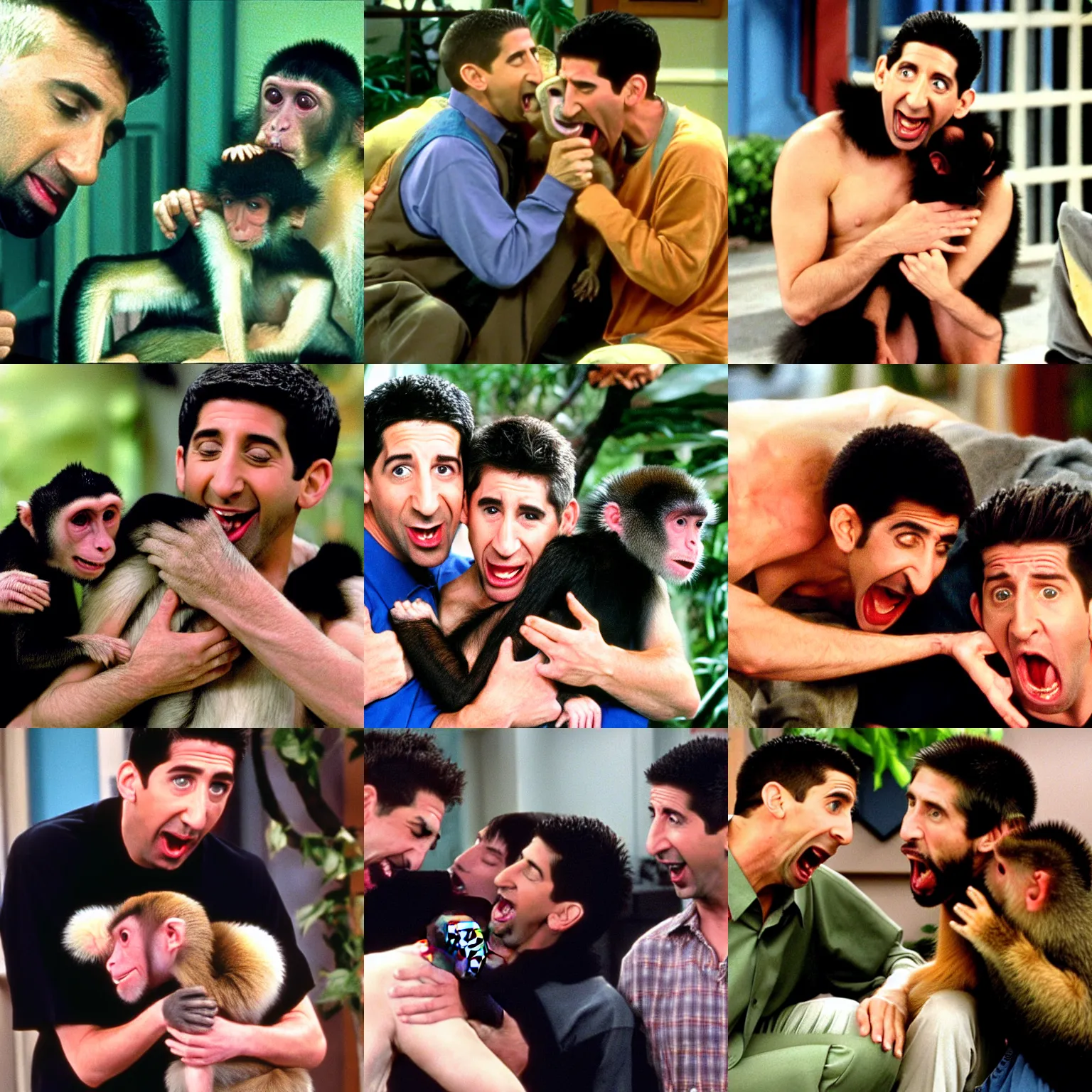 Prompt: ross geller being bitten by a capuchin monkey, ross geller screaming, friends 9 0 s sitcom screenshot,