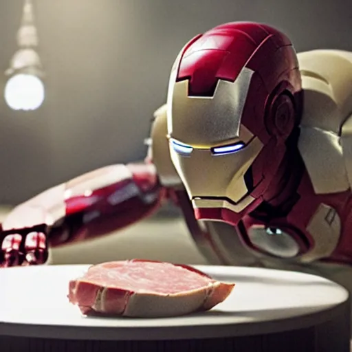 Image similar to ironman with a cooked bone - in ham as his head, movie still, 8 k