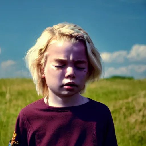 Image similar to Midsommar cult portrait of child with blond hair crying under harsh sunlight cinematic lighting film still