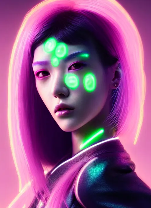 Prompt: photorealistic portrait of oriental female humanoid with freckle cheeks, dyed hair, cyber neon lightings, highly detailed, cyberpunk high fashion, elegant, crispy quality, trending in artstation, trending in pinterest, glamor pose, no signature, no watermark, cinematic, octane render, art by artgerm, art by greg rutkowski, art by pascal blanche