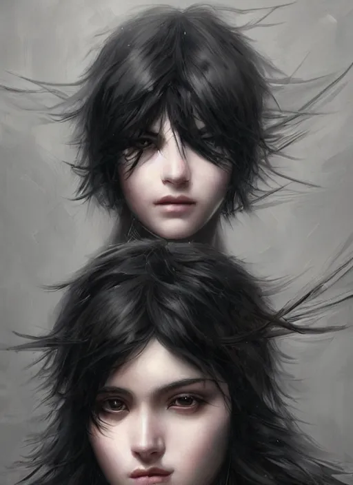 Image similar to a teenage girl with very short black hair and a huge cloak made of feathers in shades of light and dark grey. beautiful highly detailed face. beautiful painting by artgerm and greg rutkowski and raymond swanland