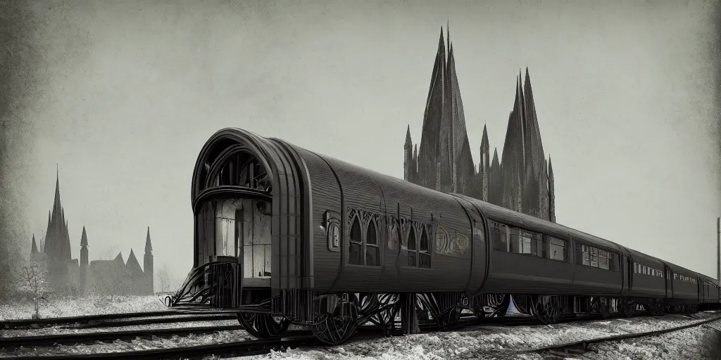 Image similar to gothic cathedral streamline retro art Deco train, gothic design train, dark metal, cone shaped, arrow shaped, snow, octane render, artstation, HD, realistic, medieval, high details