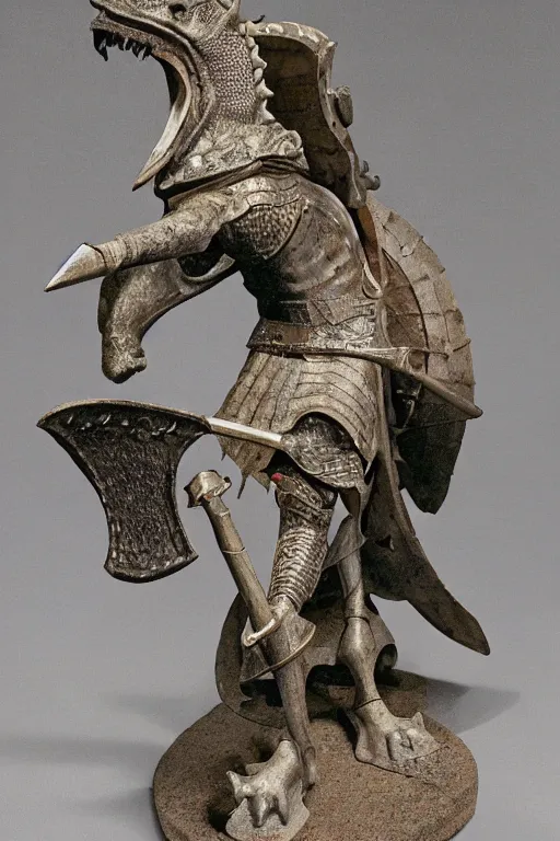 Prompt: medieval Norman, circa 1300, photo of stone statue, of a night in full armor with a sword, riding an Allosaurus, romanesque style, in museum