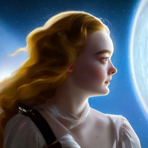 Prompt: leyendecker and peter paul rubens, head and shoulders portrait of a elle fanning in front of a black hole in space, unreal engine, fantasy art by global illumination, radiant light, detailed and intricate environment